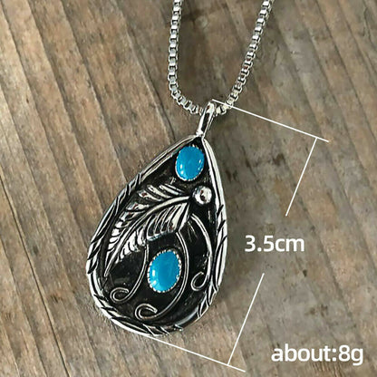 Tibetan Silver Plated Blue Turquoise Chain Crystal Pendant Necklace Lab-Created