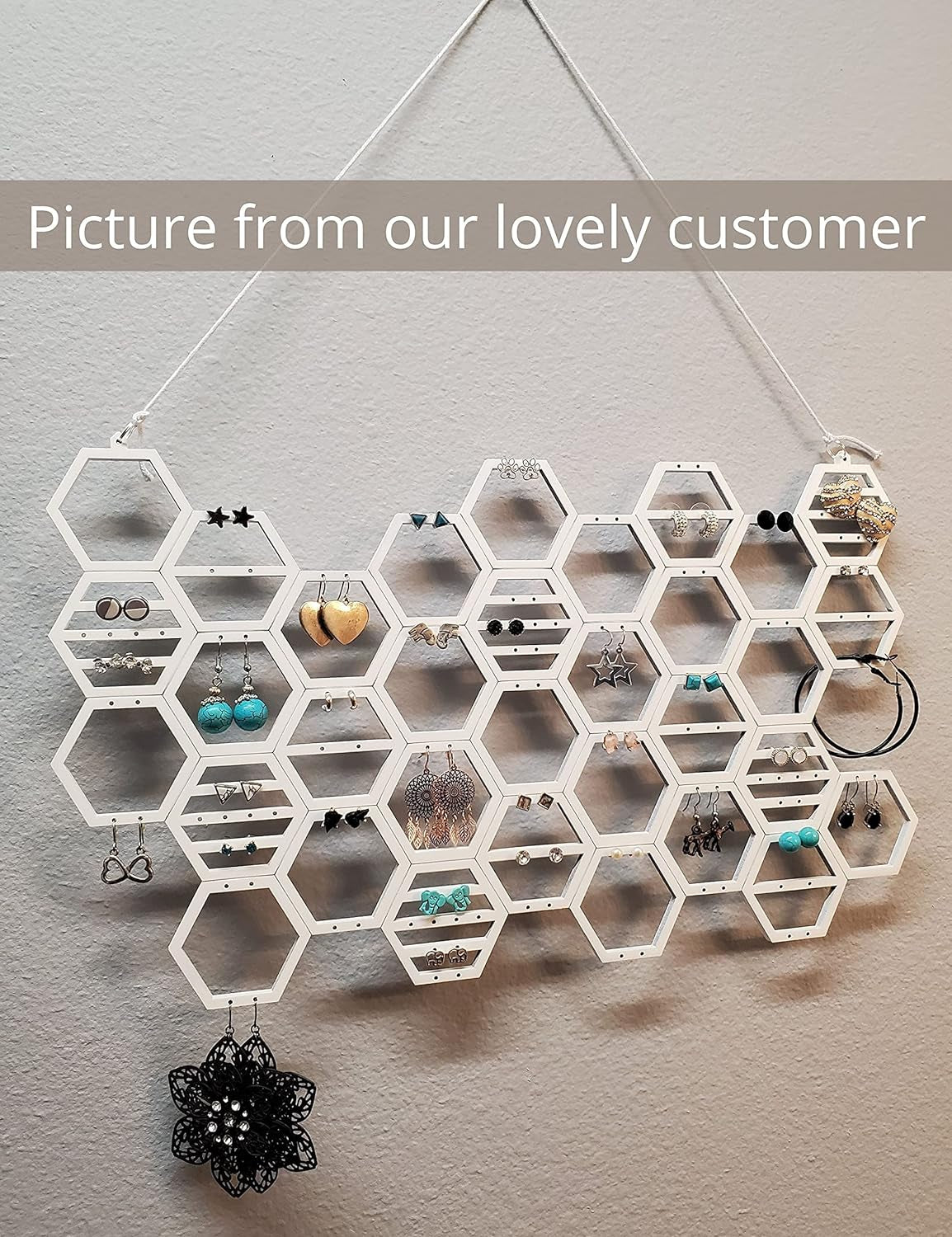 Wood Honeycomb Hanging Earring Holder Beehive Earring Organizer Wall Mounted Earring Display Hanging Jewelry Organizer for Earrings, Necklaces (White)