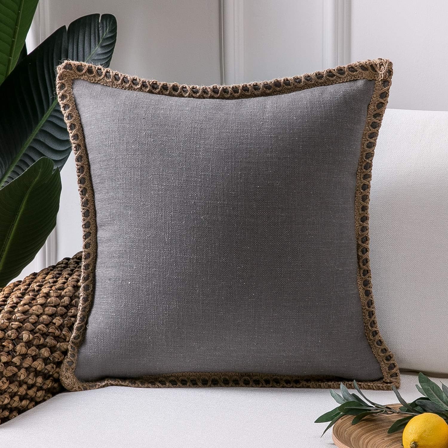 Farmhouse Solid Throw Decorative Pillow Cover Burlap Linen Trimmed Tailored Edges Outdoor Pillow off White 22 X 22 Inches, 55 X 55 Cm, Pack of 1