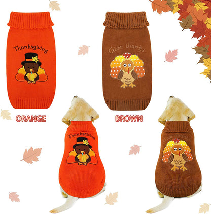 2 Pack Thanksgiving Dog Sweaters Turkey Puppy Dog Clothes Pet Warm Knitwear for Thanksgiving, Holiday, Party Gift, Orange, Brown