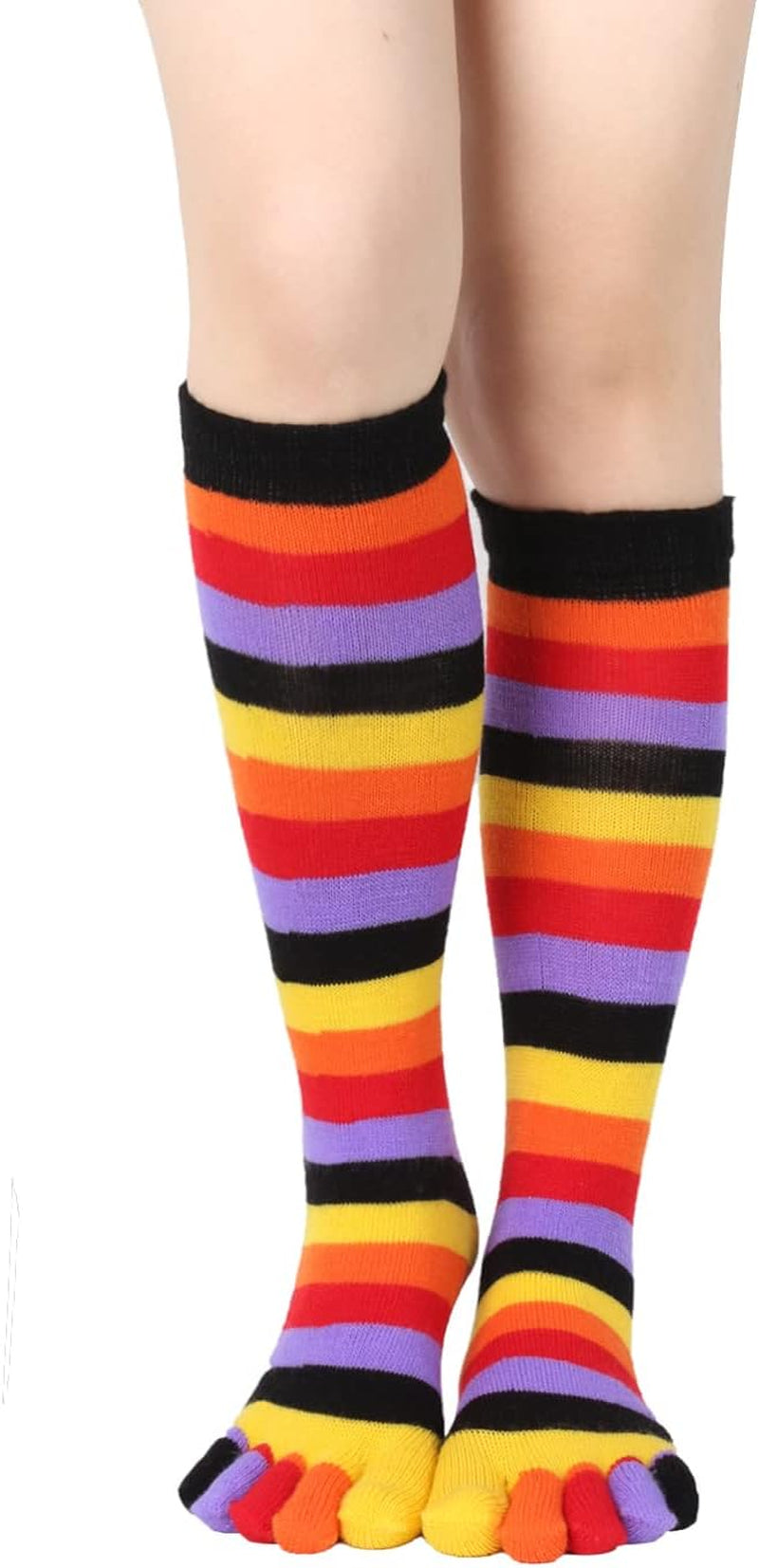 Womens Knee High Toe Socks Mens Colorful Rainbow Striped Long Toe Socks Unisex Five Finger Socks Christmas Gifts