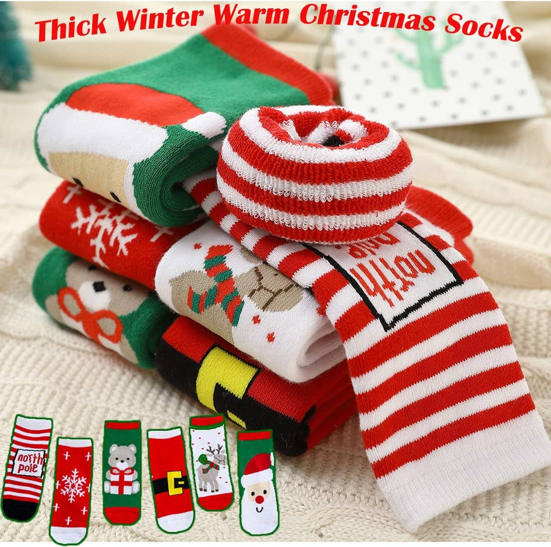 Toddler Baby Girls Boys Christmas Socks Cozy Funny Xmas Holiday Socks Winter Warm Socks Thermal Crew Socks 6 Pairs