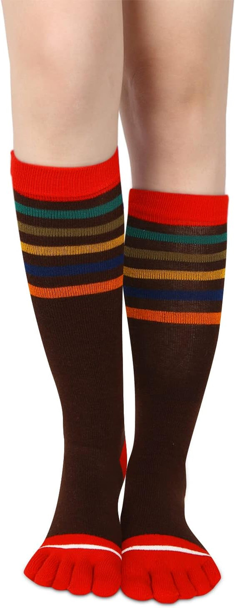 Womens Knee High Toe Socks Mens Colorful Rainbow Striped Long Toe Socks Unisex Five Finger Socks Christmas Gifts