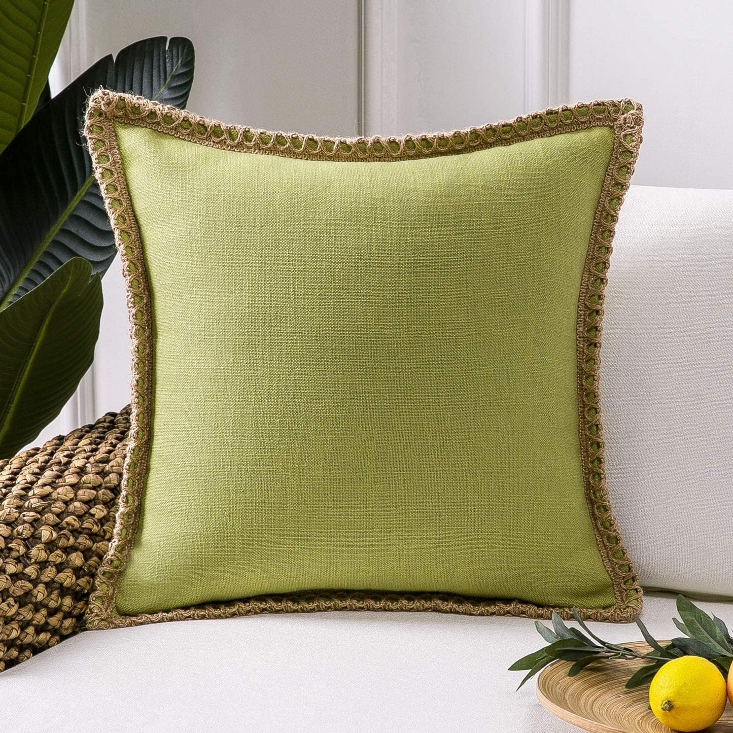 Farmhouse Solid Throw Decorative Pillow Cover Burlap Linen Trimmed Tailored Edges Outdoor Pillow off White 22 X 22 Inches, 55 X 55 Cm, Pack of 1