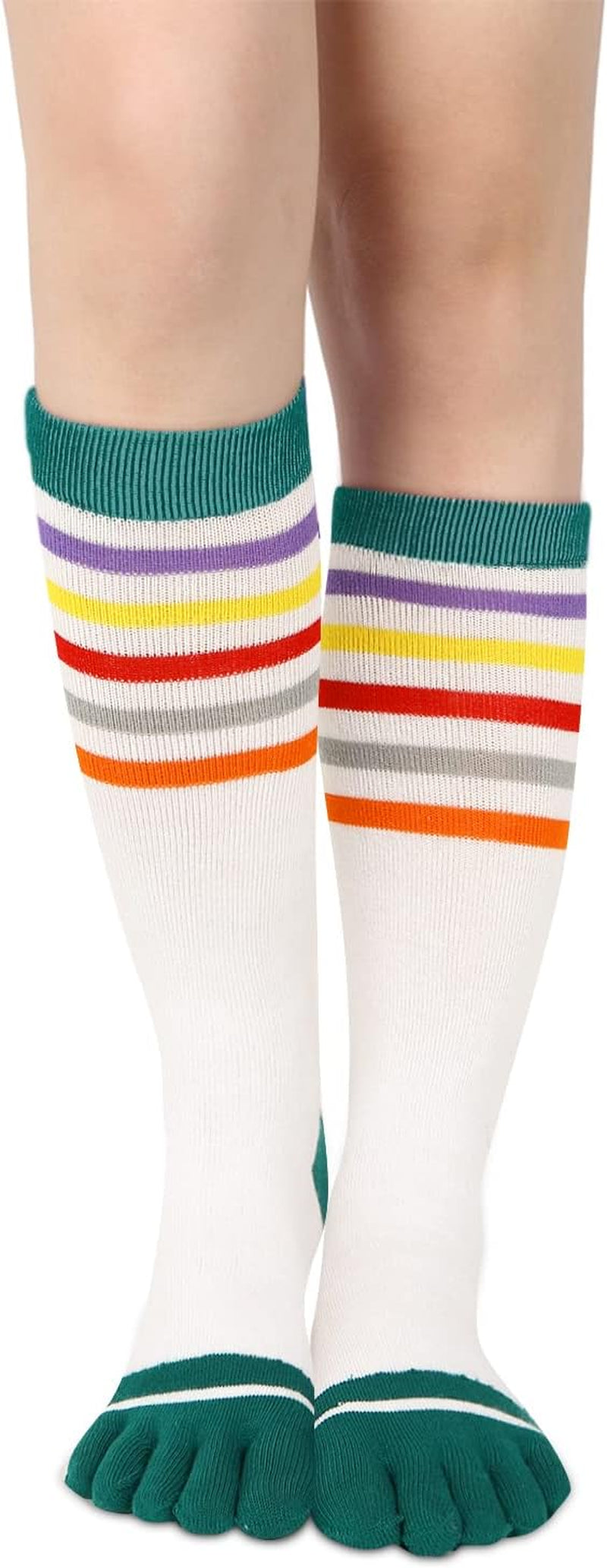 Womens Knee High Toe Socks Mens Colorful Rainbow Striped Long Toe Socks Unisex Five Finger Socks Christmas Gifts