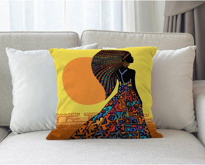 African Pillow Cover African Woman in a Bohemian Dress Ethnic Throw Pillow Case 18X18 Inch Cotton Linen Square Cushion Decorative Cover Sofa Bed Yellow Black