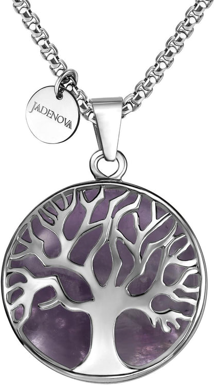 Family Tree Necklace Tree of Life Gemstone Crystal Pendant Necklace 24 Inches Stainless Steel Chain