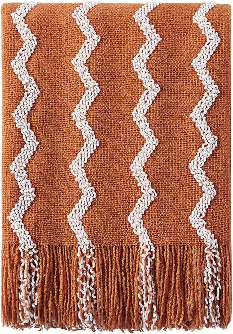 Fluffy Chenille Knitted Fringe Throw Blanket Lightweight Soft Cozy for Bed Sofa Chair Throw Blankets, Orange 50" X 60"