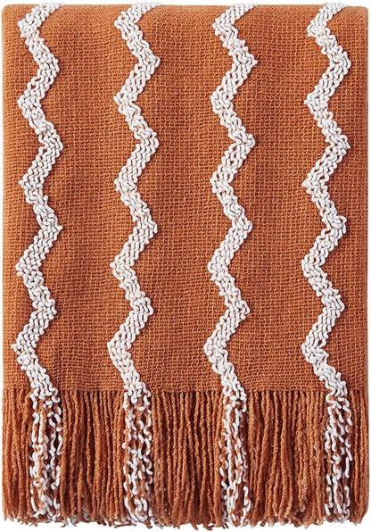 Fluffy Chenille Knitted Fringe Throw Blanket Lightweight Soft Cozy for Bed Sofa Chair Throw Blankets, Orange 50" X 60"