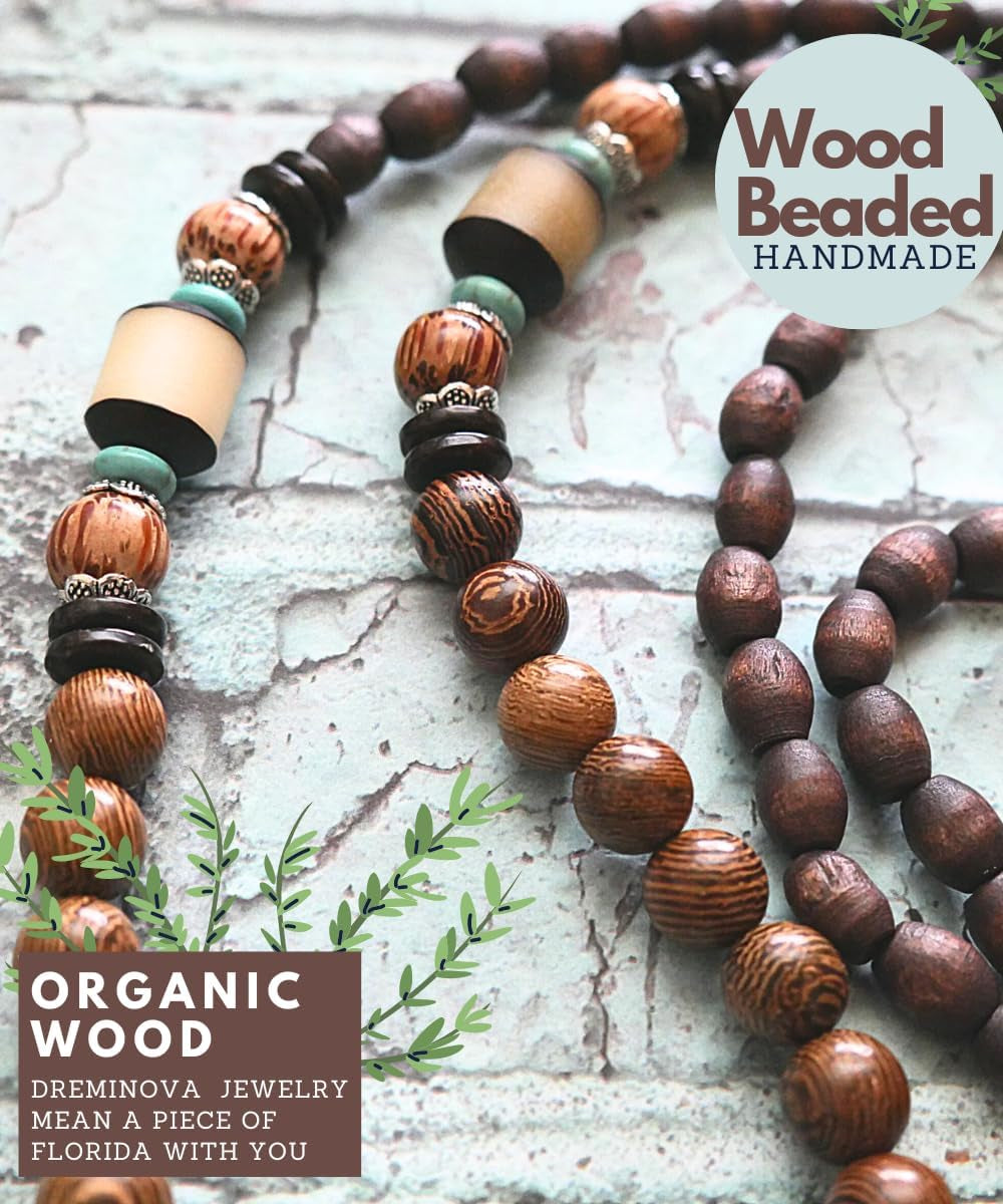 Bohemian Beaded Necklace for Women Long Boho Pendant Wood Mala Beads Wooden Strand Tassel Stone Bohemian Necklaces for Women Jewelry