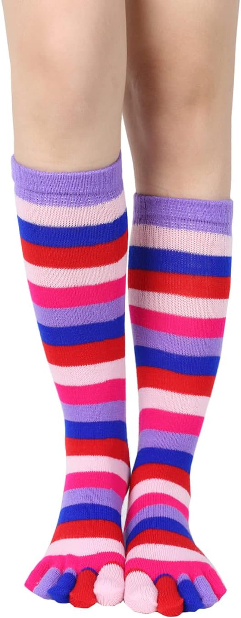 Womens Knee High Toe Socks Mens Colorful Rainbow Striped Long Toe Socks Unisex Five Finger Socks Christmas Gifts