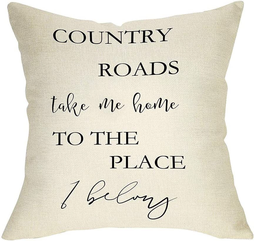 Lumbar Country Roads Take Me Home Christmas Rectangle Decorative Throw Pillow Cover, Rustic Quote Home Farmhouse Decoration, Housewarming Gift Cushion Case for Sofa Decor Cotton Linen 12 X 20