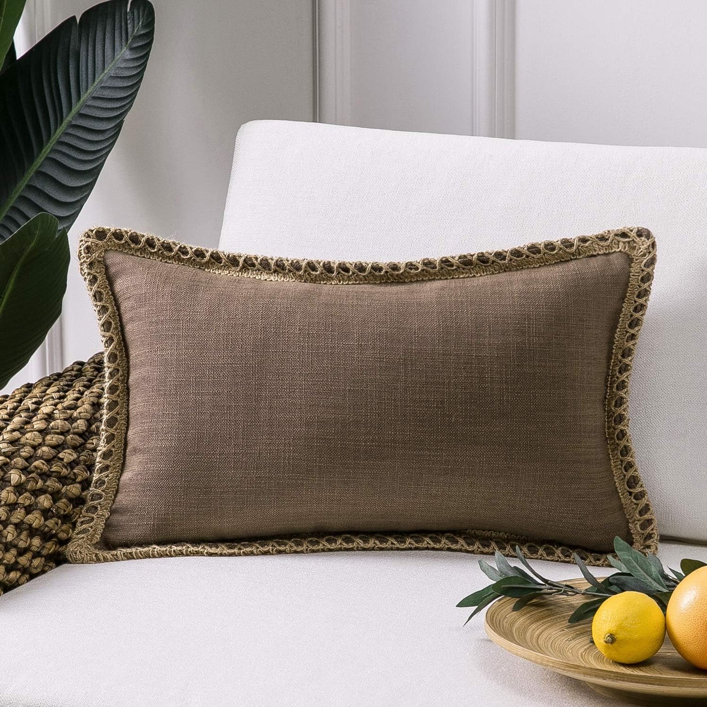 Farmhouse Solid Throw Decorative Pillow Cover Burlap Linen Trimmed Tailored Edges Outdoor Pillow off White 22 X 22 Inches, 55 X 55 Cm, Pack of 1