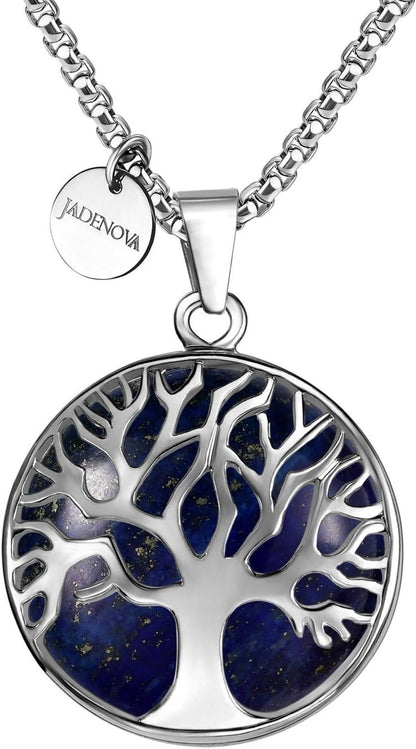 Family Tree Necklace Tree of Life Gemstone Crystal Pendant Necklace 24 Inches Stainless Steel Chain