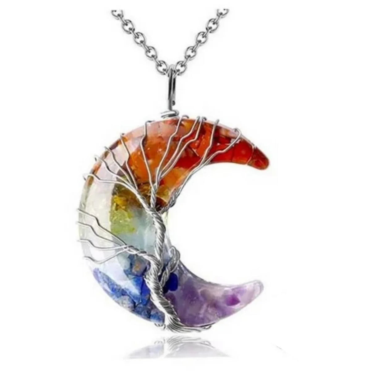 Tree of Life Necklace Wire Wrapped Crescent Moon Stone Pendant Necklaces 7 Chakra Healing Crystal Necklace Natural Resin Reiki Spiritual Quartz Gemstone Jewelry for Women Men Gift