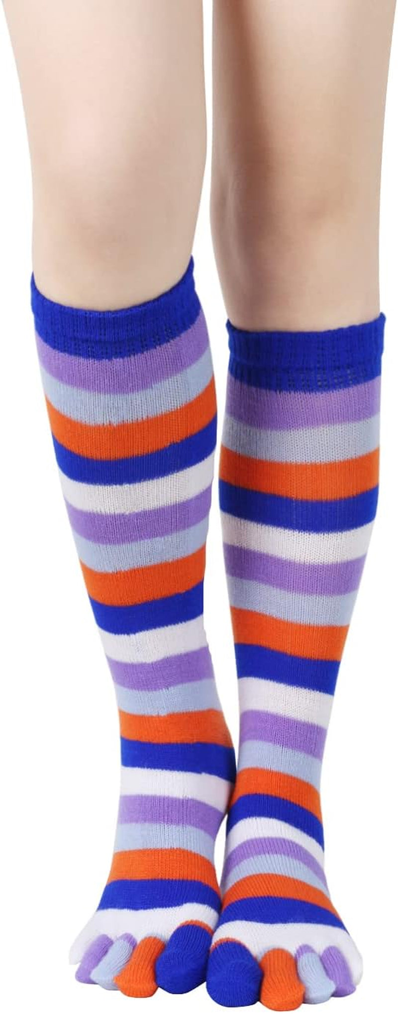 Womens Knee High Toe Socks Mens Colorful Rainbow Striped Long Toe Socks Unisex Five Finger Socks Christmas Gifts