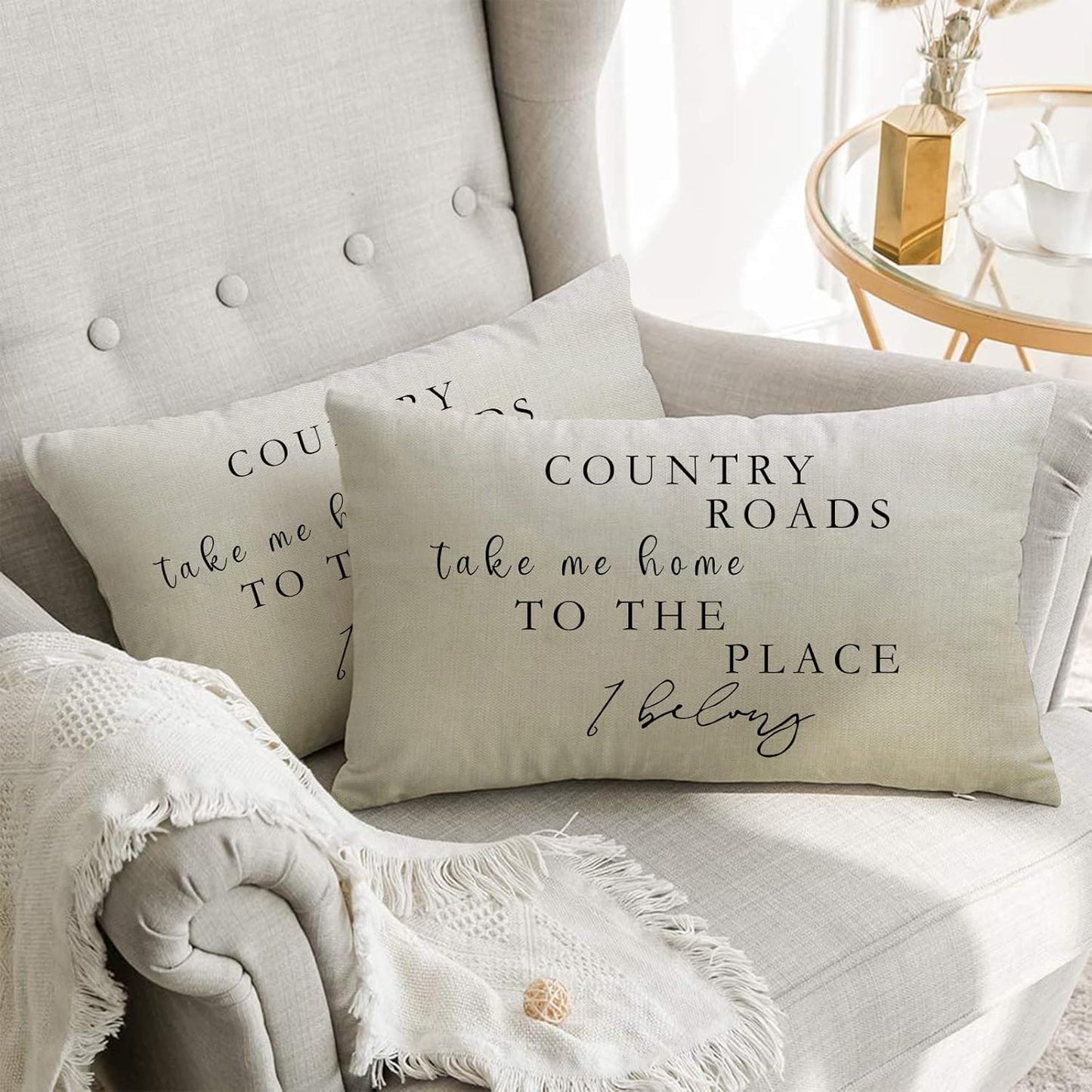 Lumbar Country Roads Take Me Home Christmas Rectangle Decorative Throw Pillow Cover, Rustic Quote Home Farmhouse Decoration, Housewarming Gift Cushion Case for Sofa Decor Cotton Linen 12 X 20