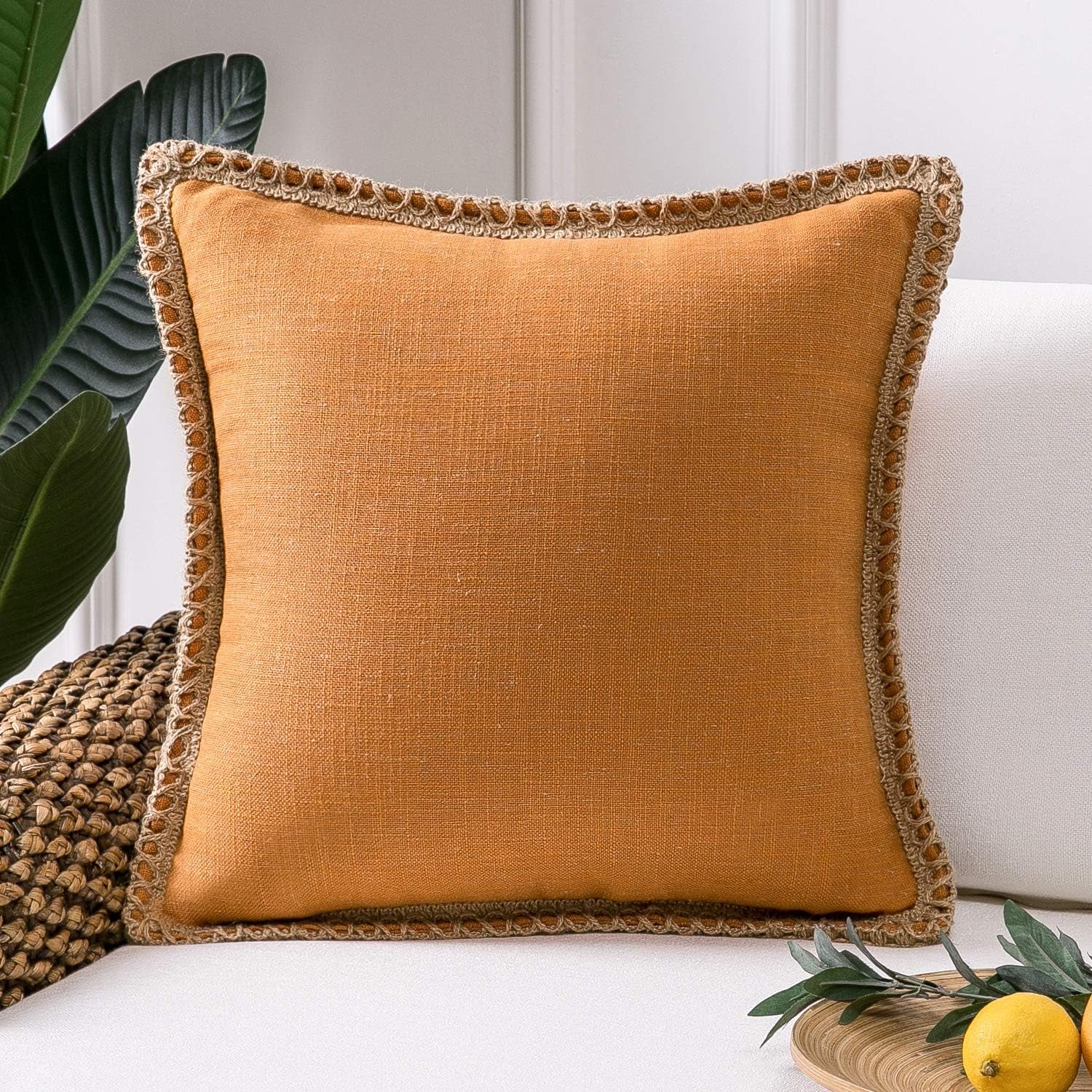 Farmhouse Solid Throw Decorative Pillow Cover Burlap Linen Trimmed Tailored Edges Outdoor Pillow off White 22 X 22 Inches, 55 X 55 Cm, Pack of 1