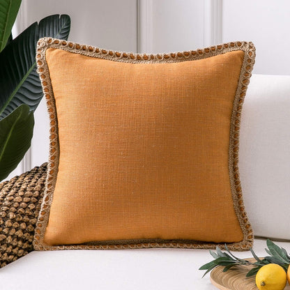 Farmhouse Solid Throw Decorative Pillow Cover Burlap Linen Trimmed Tailored Edges Outdoor Pillow off White 22 X 22 Inches, 55 X 55 Cm, Pack of 1