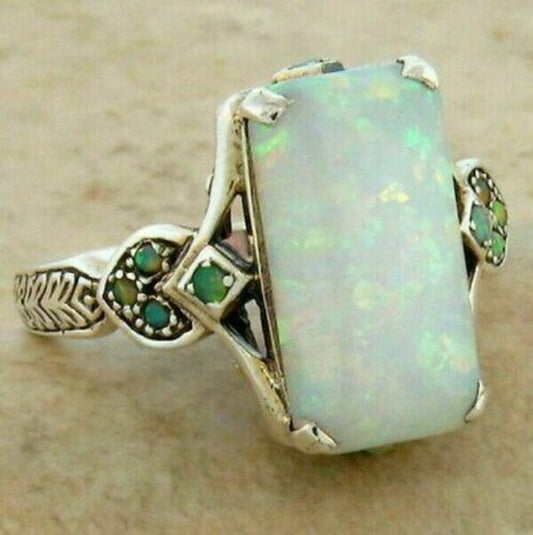 Fashion Silver Plated White Fire Opal Ring Women Jewelry Size 6-10 Simulated