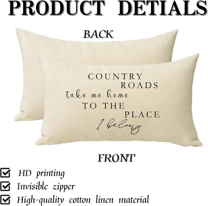 Lumbar Country Roads Take Me Home Christmas Rectangle Decorative Throw Pillow Cover, Rustic Quote Home Farmhouse Decoration, Housewarming Gift Cushion Case for Sofa Decor Cotton Linen 12 X 20