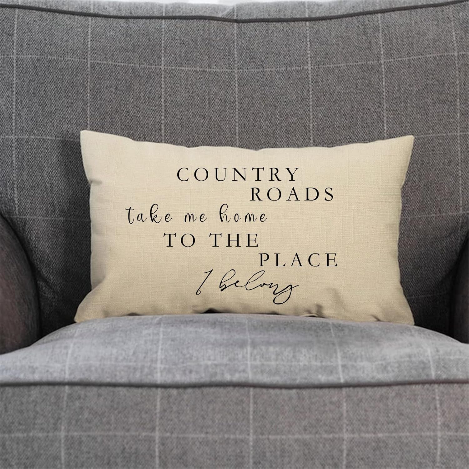 Lumbar Country Roads Take Me Home Christmas Rectangle Decorative Throw Pillow Cover, Rustic Quote Home Farmhouse Decoration, Housewarming Gift Cushion Case for Sofa Decor Cotton Linen 12 X 20