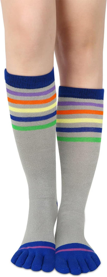 Womens Knee High Toe Socks Mens Colorful Rainbow Striped Long Toe Socks Unisex Five Finger Socks Christmas Gifts