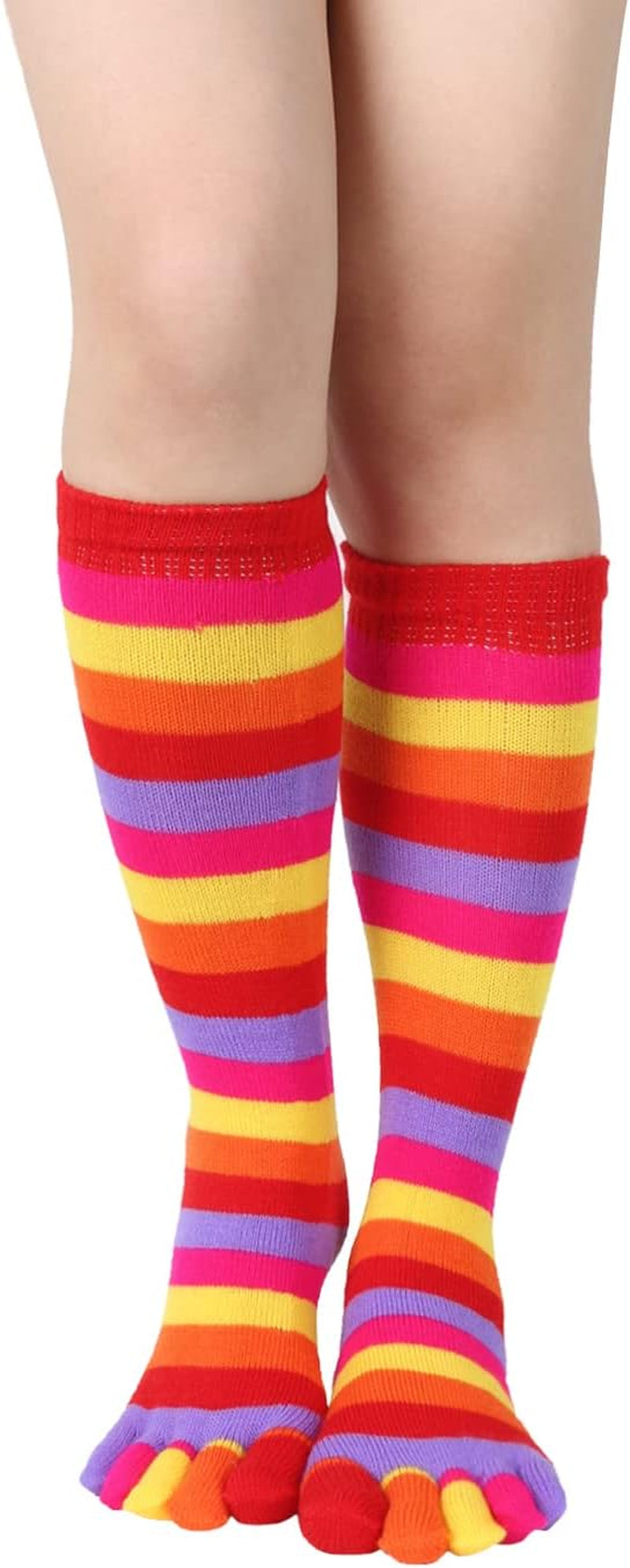 Womens Knee High Toe Socks Mens Colorful Rainbow Striped Long Toe Socks Unisex Five Finger Socks Christmas Gifts