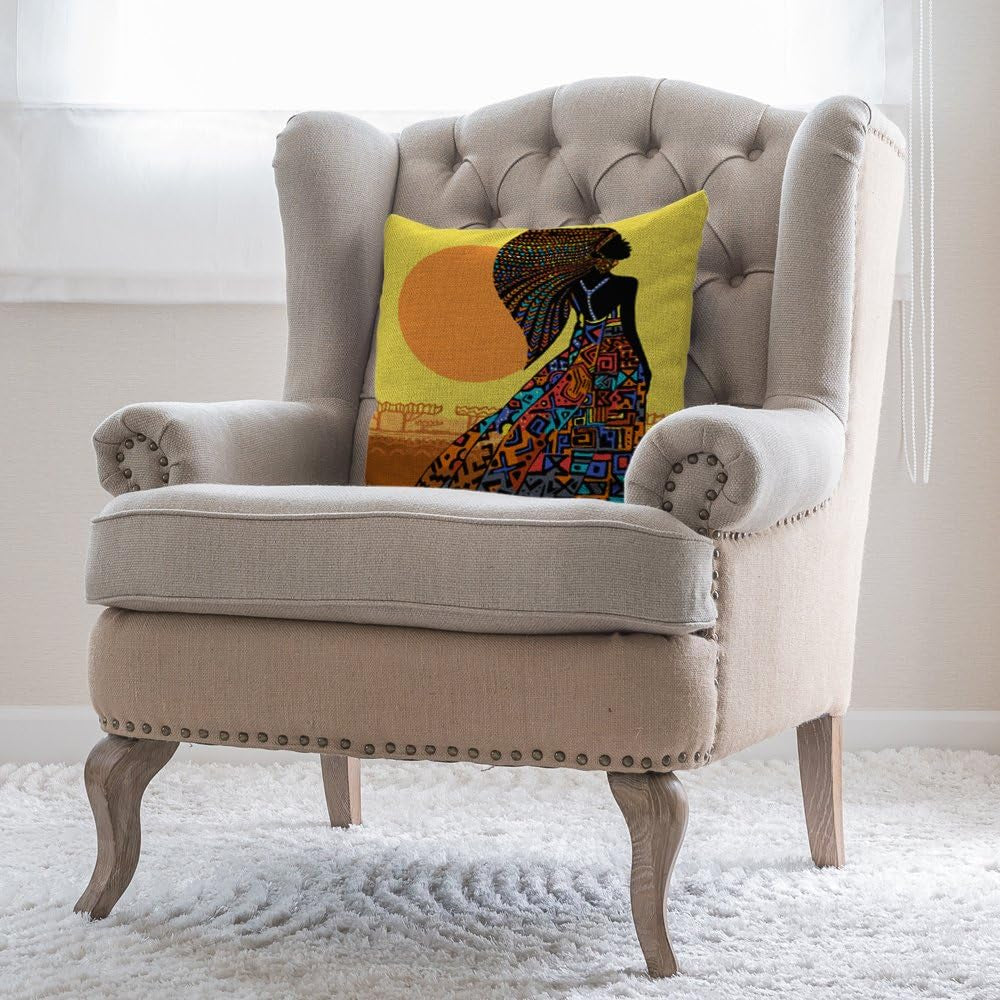 African Pillow Cover African Woman in a Bohemian Dress Ethnic Throw Pillow Case 18X18 Inch Cotton Linen Square Cushion Decorative Cover Sofa Bed Yellow Black