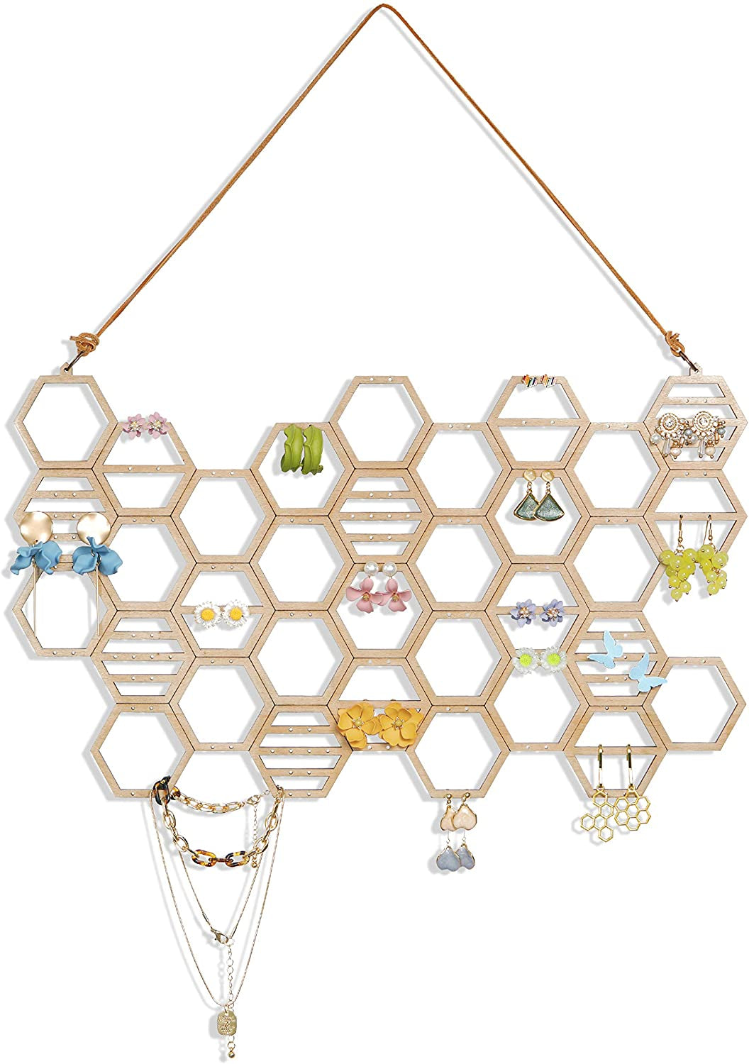 Wood Honeycomb Hanging Earring Holder Beehive Earring Organizer Wall Mounted Earring Display Hanging Jewelry Organizer for Earrings, Necklaces (White)