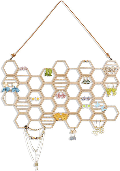 Wood Honeycomb Hanging Earring Holder Beehive Earring Organizer Wall Mounted Earring Display Hanging Jewelry Organizer for Earrings, Necklaces (White)