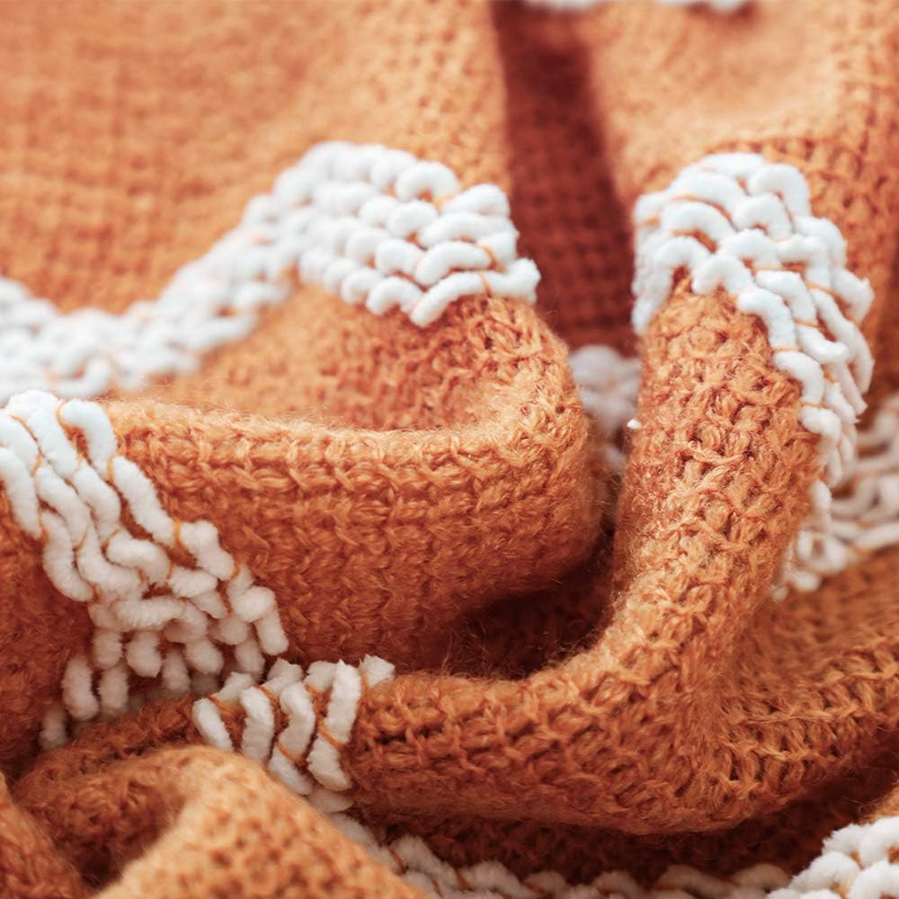 Fluffy Chenille Knitted Fringe Throw Blanket Lightweight Soft Cozy for Bed Sofa Chair Throw Blankets, Orange 50" X 60"