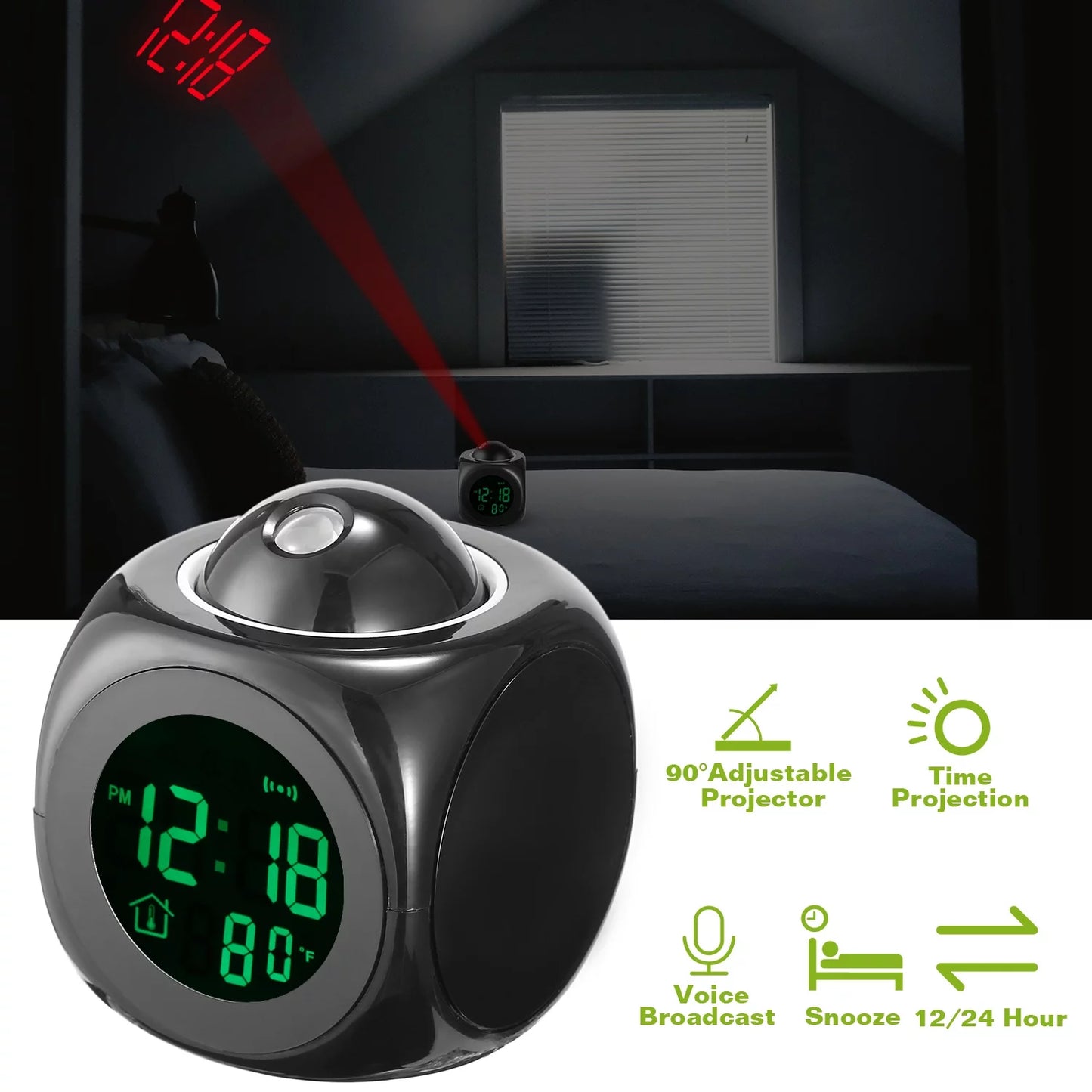 Projection Alarm Clock (Digital Lcd Voice Talking Function, Led Wall/Ceiling Projection, Alarm/Snooze/Temperature Display, 12Hr/24Hr, Bedside Alarm Clock) - Black