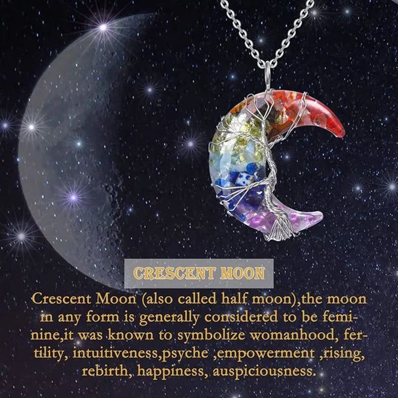 Tree of Life Necklace Wire Wrapped Crescent Moon Stone Pendant Necklaces 7 Chakra Healing Crystal Necklace Natural Resin Reiki Spiritual Quartz Gemstone Jewelry for Women Men Gift