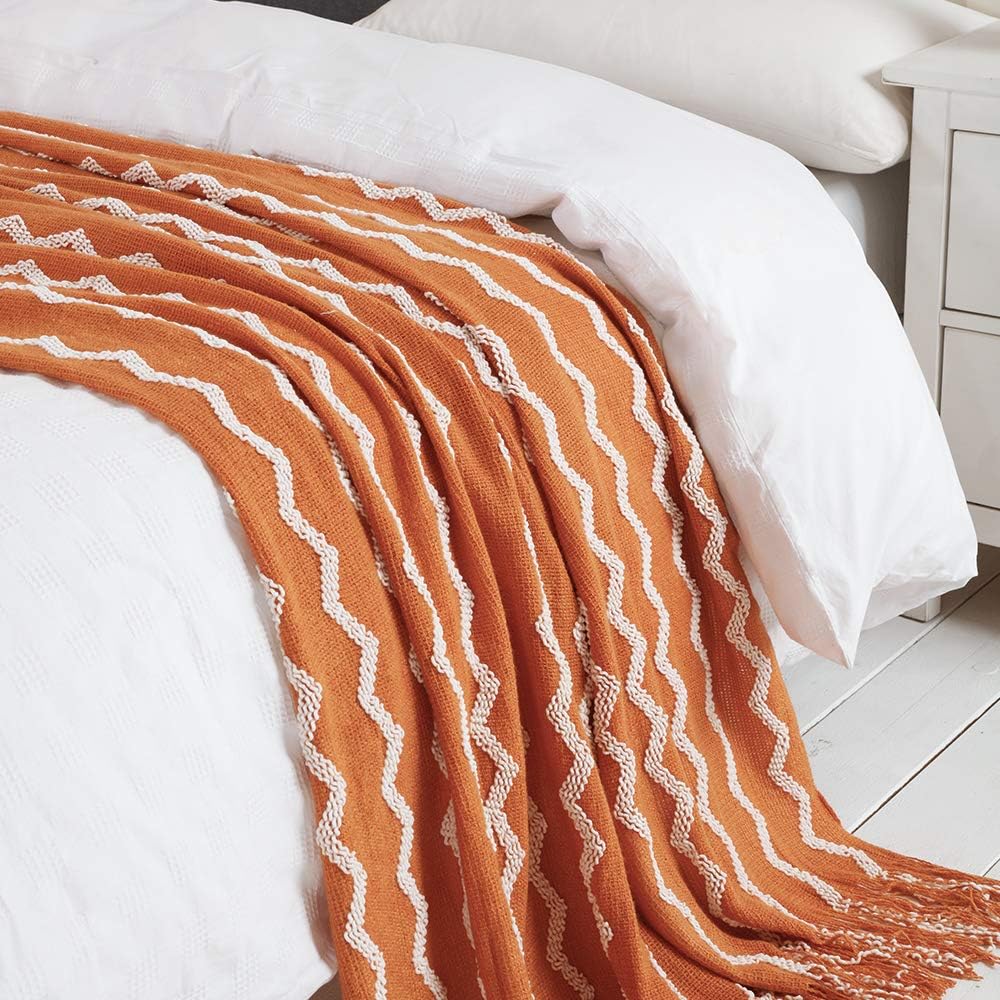 Fluffy Chenille Knitted Fringe Throw Blanket Lightweight Soft Cozy for Bed Sofa Chair Throw Blankets, Orange 50" X 60"