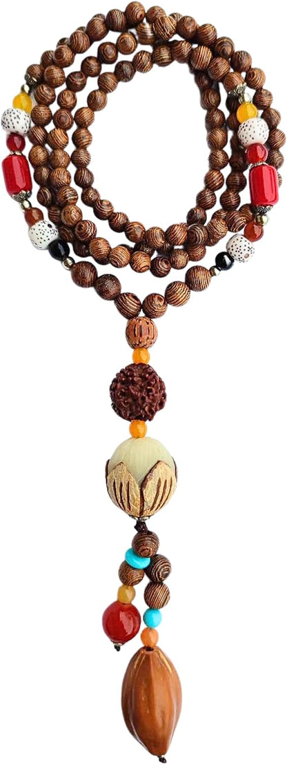 Bohemian Beaded Necklace for Women Long Boho Pendant Wood Mala Beads Wooden Strand Tassel Stone Bohemian Necklaces for Women Jewelry