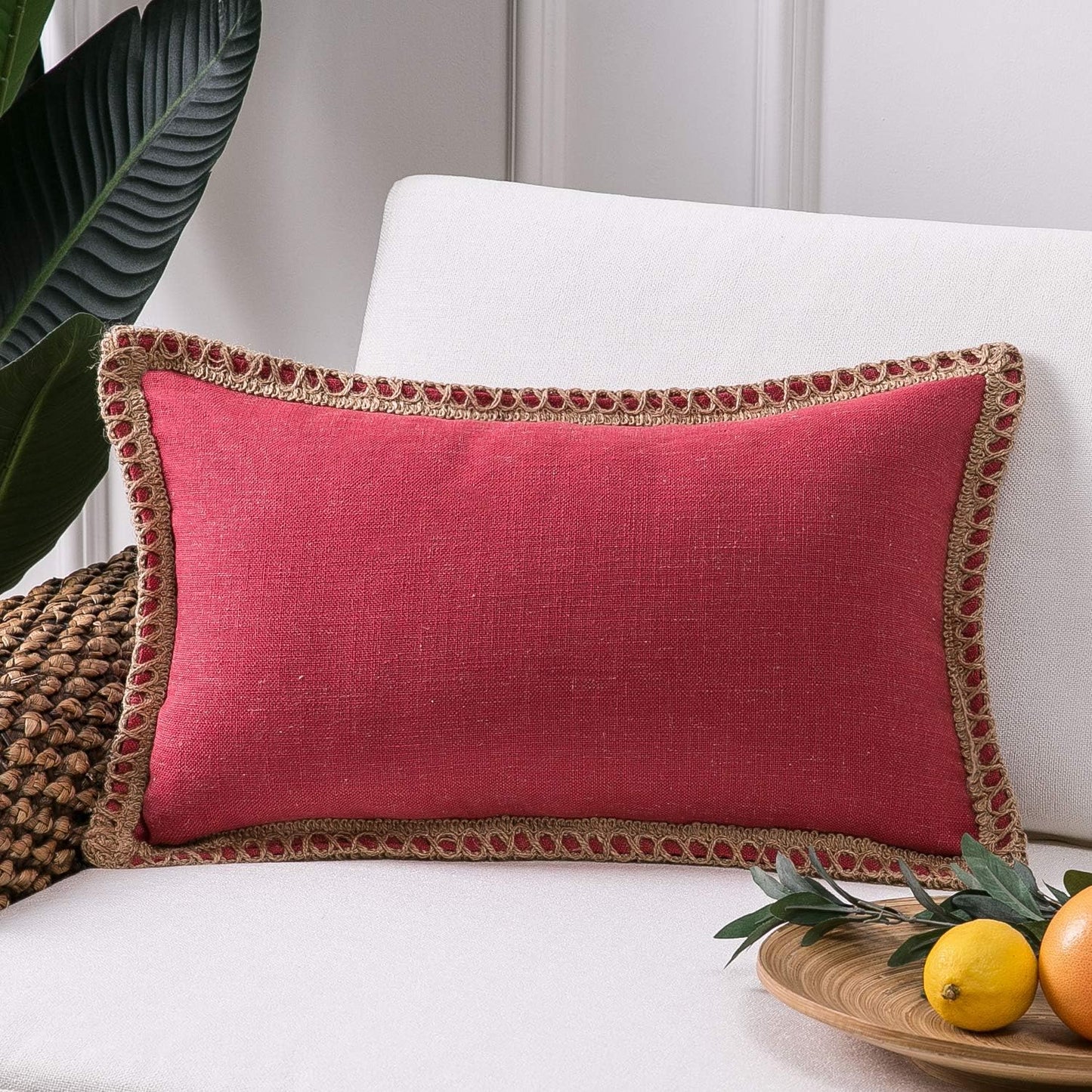 Farmhouse Solid Throw Decorative Pillow Cover Burlap Linen Trimmed Tailored Edges Outdoor Pillow off White 22 X 22 Inches, 55 X 55 Cm, Pack of 1