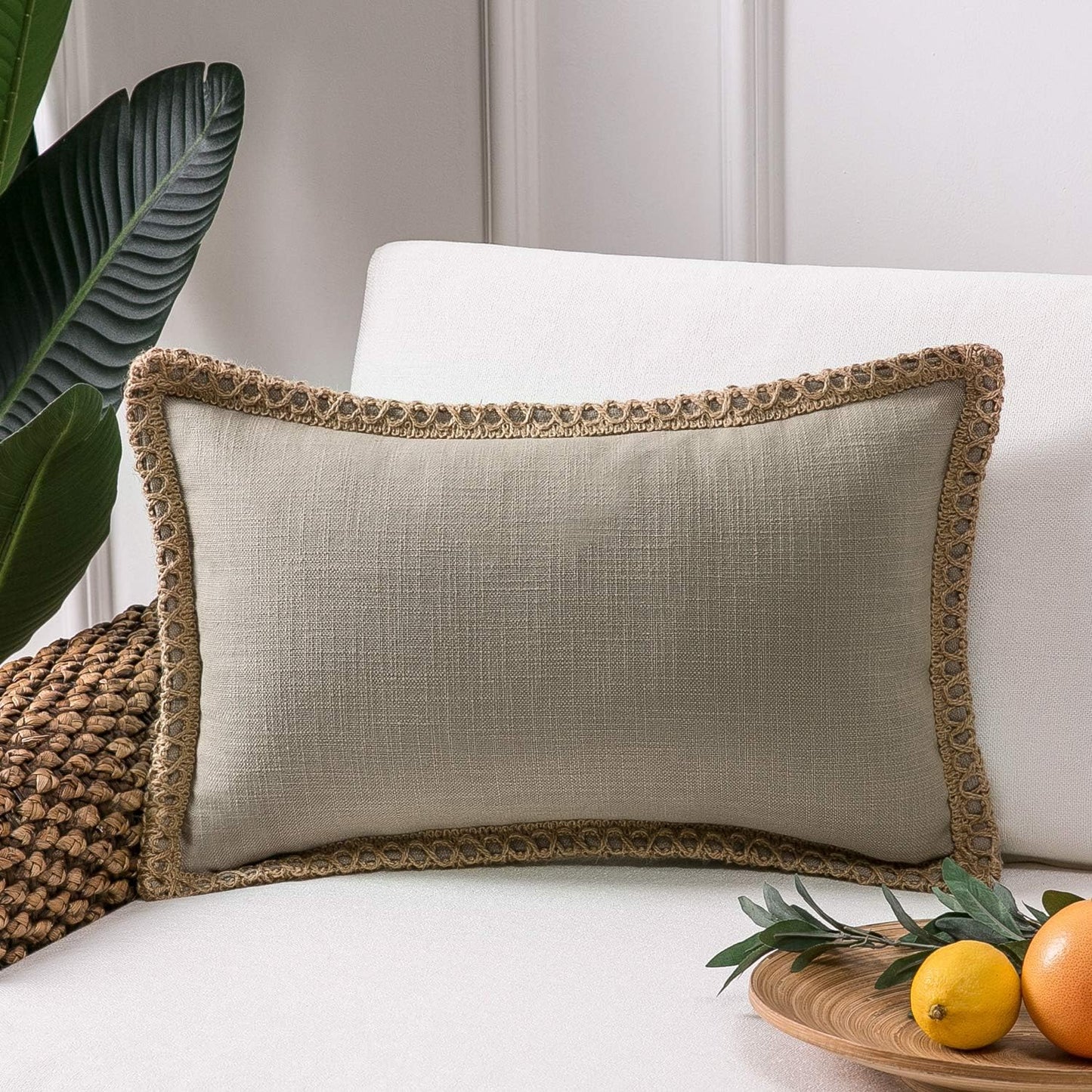 Farmhouse Solid Throw Decorative Pillow Cover Burlap Linen Trimmed Tailored Edges Outdoor Pillow off White 22 X 22 Inches, 55 X 55 Cm, Pack of 1