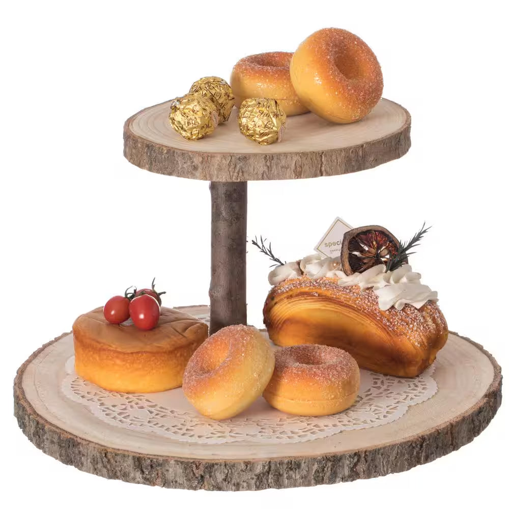 Two Tier Natural Wood Color Tree Bark Server Tray with Rustic Appeal, 2-Sizes Trays