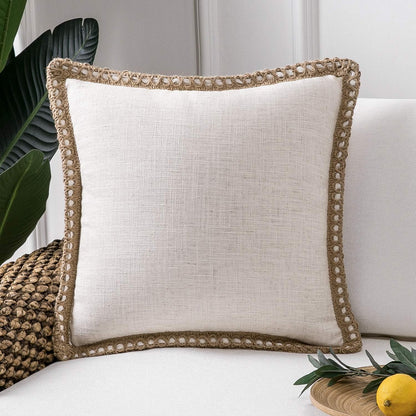 Farmhouse Solid Throw Decorative Pillow Cover Burlap Linen Trimmed Tailored Edges Outdoor Pillow off White 22 X 22 Inches, 55 X 55 Cm, Pack of 1