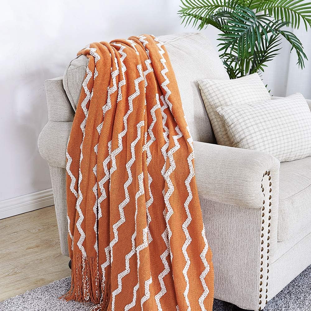 Fluffy Chenille Knitted Fringe Throw Blanket Lightweight Soft Cozy for Bed Sofa Chair Throw Blankets, Orange 50" X 60"