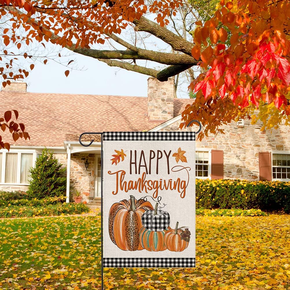 Happy Thanksgiving Fall Garden Flags for Outdoor,12X18 Double Sided,Harvest Buffalo Plaid Pumpkins Yard Flags,Small Thanksgiving Day Garden Decor for Autumn outside Porch Lawn Holiday