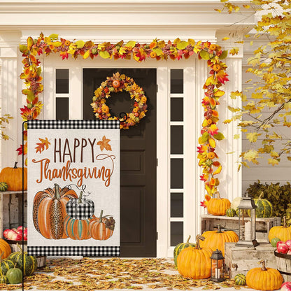 Happy Thanksgiving Fall Garden Flags for Outdoor,12X18 Double Sided,Harvest Buffalo Plaid Pumpkins Yard Flags,Small Thanksgiving Day Garden Decor for Autumn outside Porch Lawn Holiday