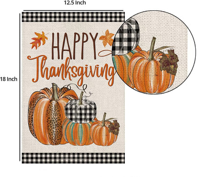 Happy Thanksgiving Fall Garden Flags for Outdoor,12X18 Double Sided,Harvest Buffalo Plaid Pumpkins Yard Flags,Small Thanksgiving Day Garden Decor for Autumn outside Porch Lawn Holiday