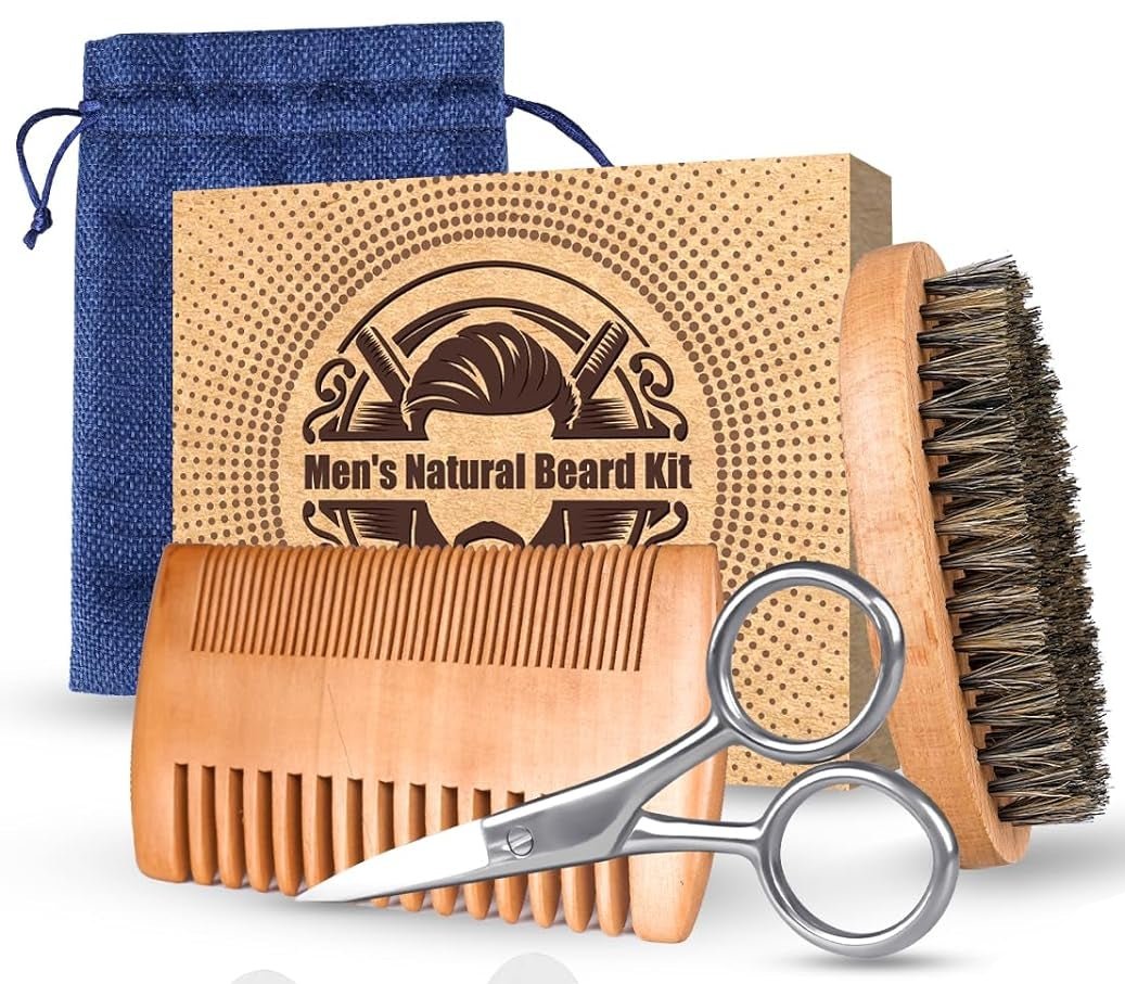 "Ultimate Grooming Kit for Men - Fathers Day Gift: Beard Brush, Mustache Comb, Scissors & Beard Bib Apron!"