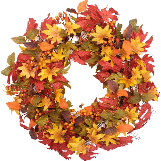 22Inch Fall Red and Orange Maple Leaves Wreath for Front Door, Thanksgiving Day and Harvest Indoor and Outdoor Wreath, Rustic Style Home Decorative Wreath