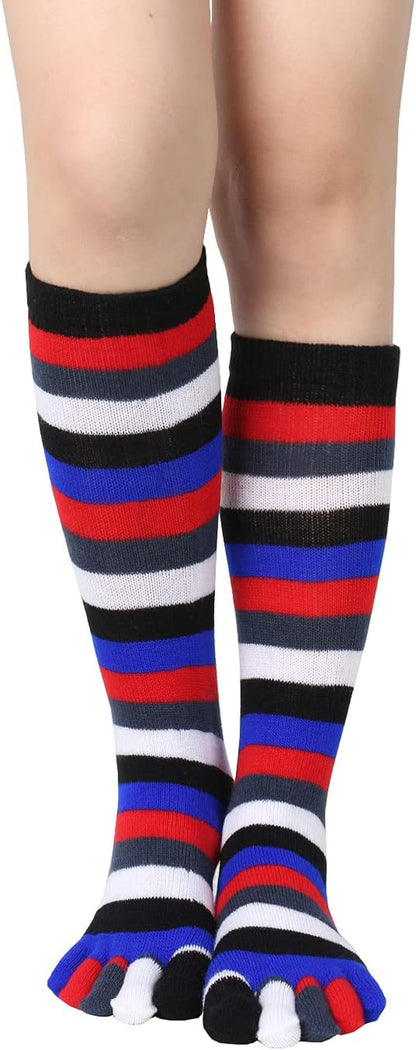 Womens Knee High Toe Socks Mens Colorful Rainbow Striped Long Toe Socks Unisex Five Finger Socks Christmas Gifts