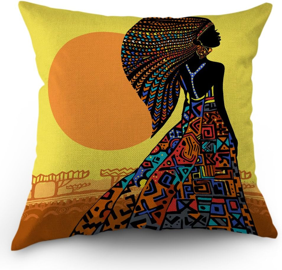 African Pillow Cover African Woman in a Bohemian Dress Ethnic Throw Pillow Case 18X18 Inch Cotton Linen Square Cushion Decorative Cover Sofa Bed Yellow Black