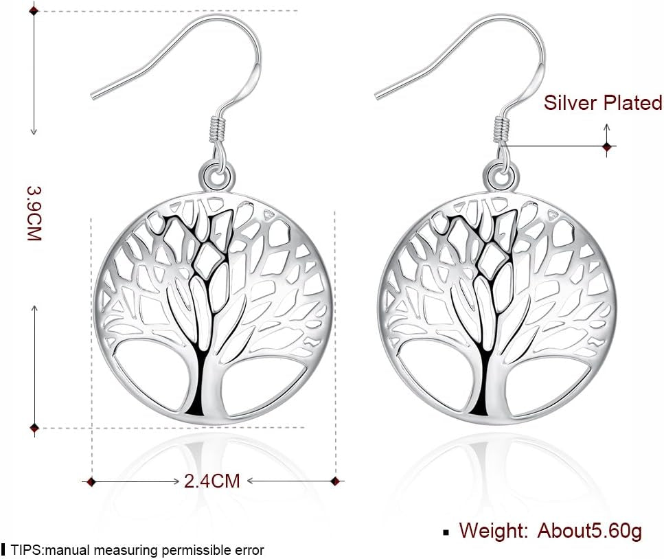 Sterling Silver Plated Tree of Life Earrings and Necklace Set for Women and Girls