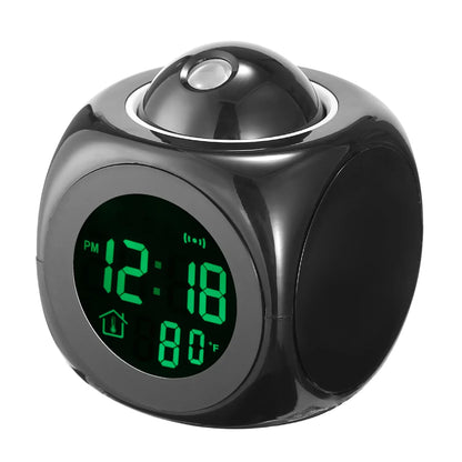 Projection Alarm Clock (Digital Lcd Voice Talking Function, Led Wall/Ceiling Projection, Alarm/Snooze/Temperature Display, 12Hr/24Hr, Bedside Alarm Clock) - Black